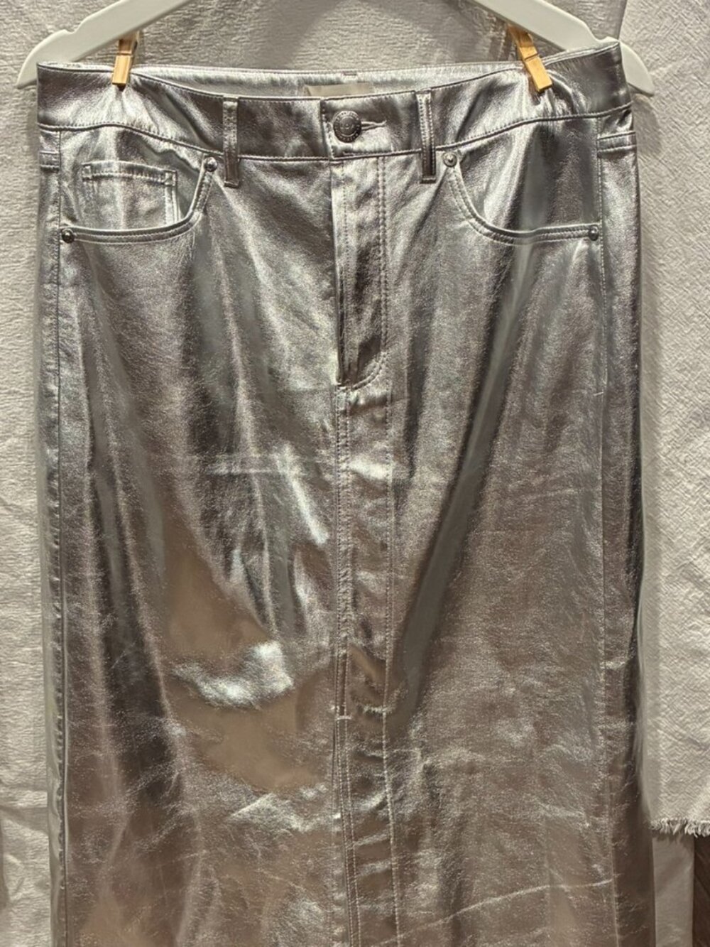 LOFT Silver Metallic Midi Skirt 5-Pocket Denim-Style